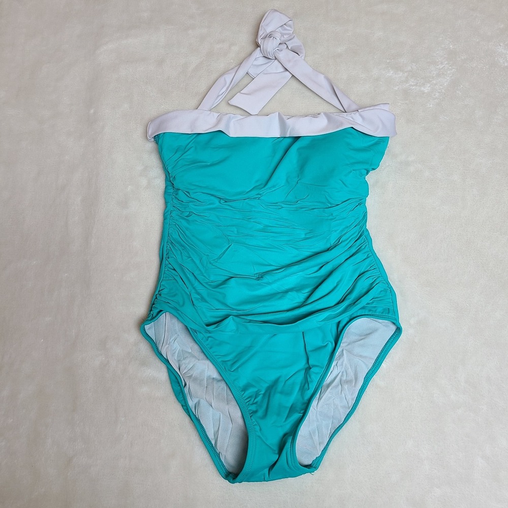 Lauren Ralph Lauren Womens One Piece Swimsuit Size 8 Teal White Halter Ruched